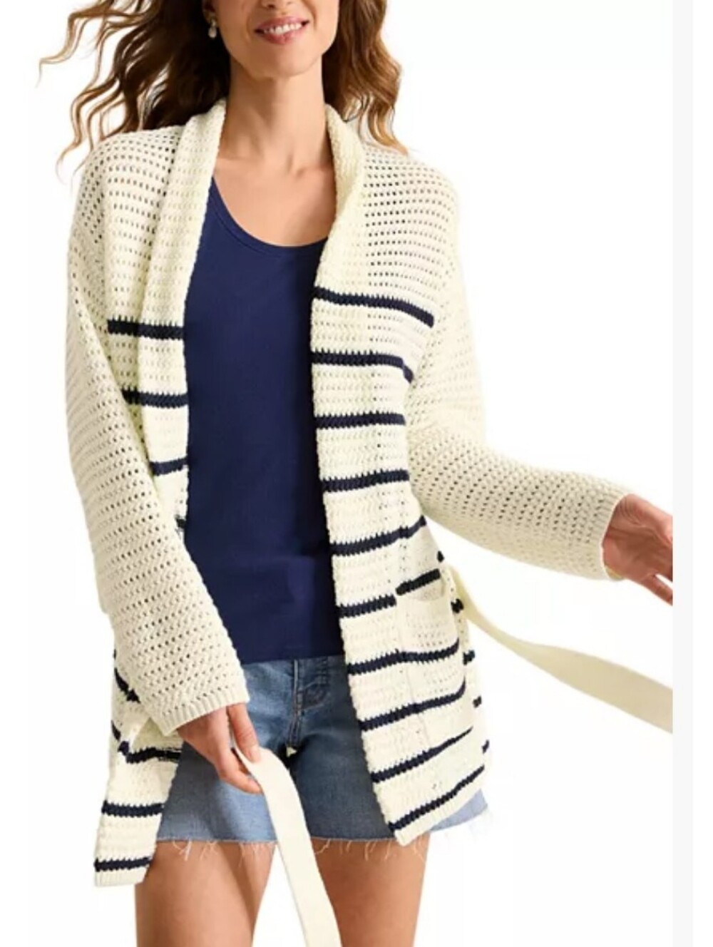 Tommy Bahama Cream and Navy Striped Belted Cardigan